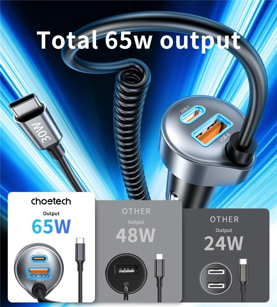 NNEDSZ CHOETECH TC0030 65W 3-Port Fast Car Charger with 3.3ft Type-C Stretchable Cable