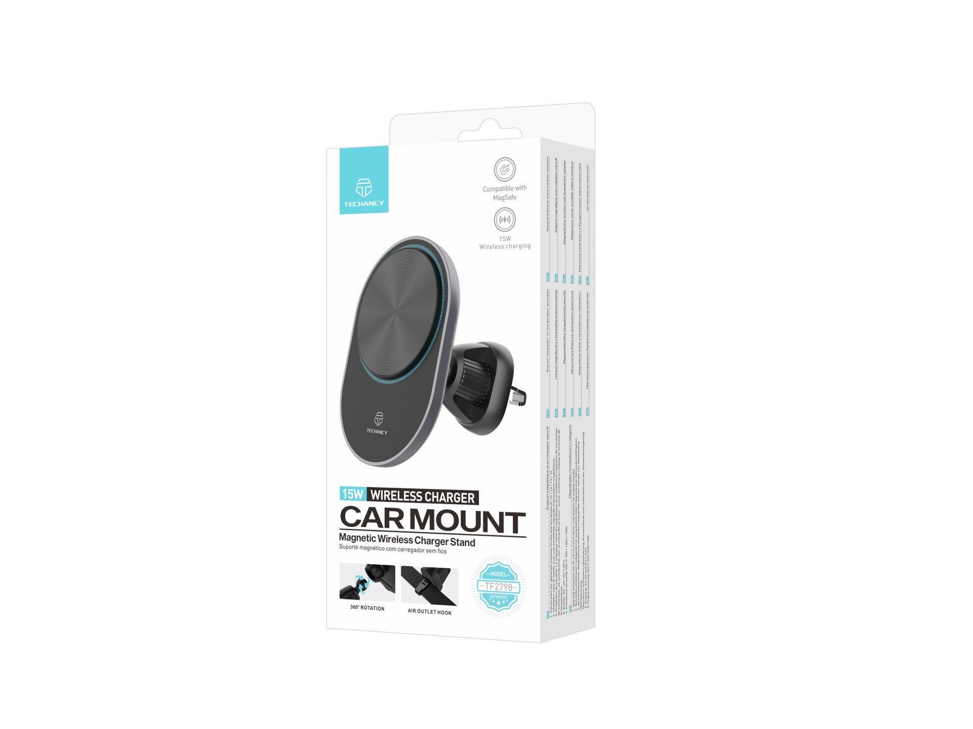 Techancy Suporte Magnético Para Telemóvel Com Carregador Sem Fios TF2798 Preto, Compatível Com Magsafe, Carregamento Sem Fios De 15 W