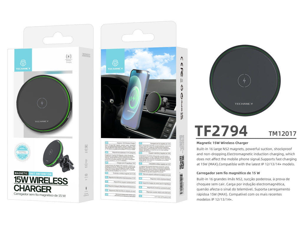 Techancy Suporte Para Telemóvel Com Carregador Sem Fios Para Automóvel  TF2794, Carregamento Sem Fios De 15 W，