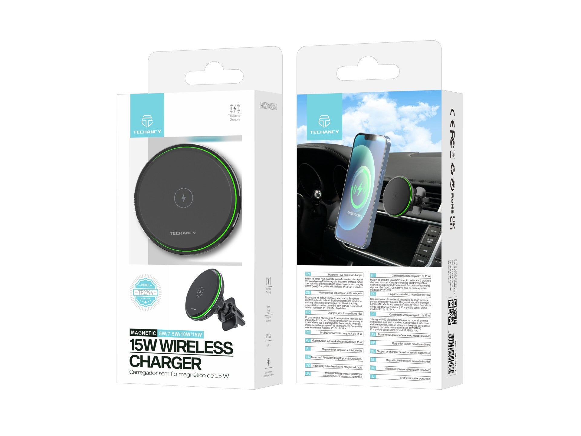 Techancy Suporte Para Telemóvel Com Carregador Sem Fios Para Automóvel  TF2794, Carregamento Sem Fios De 15 W，